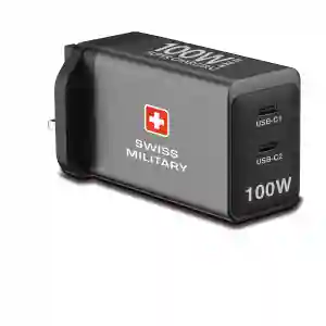 AC Adapter GaN II 100W Charger with Dual USB-C Ports and C to C Cable – Grey (SM-GaNII-100W-2C-GRY+CB-CC100W)