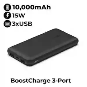 Belkin BoostCharge 3-Port 10K Power Bank with USB-C 15W, Dual USB-A, 15cm USB-A to USB-C Cable, Black (BL-PB-B011-10000C-BLK / BPB011btBK)