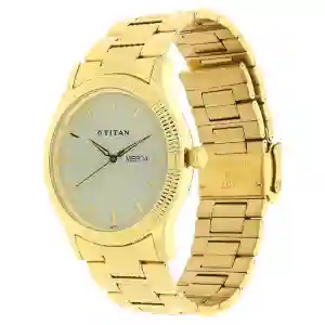 Titan Analog with Day and Date Quartz Champagne Dial Metal Round Stainless Steel Strap Watch for Men