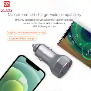 ZUZG ZC-C13PD 65W Car Charger – Dual Port Type-C PD + QC Fast Charging Adapter