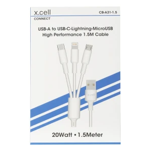 3-in-1 USB Cable Micro USB, Type-C & Lightning 1.5M White – XL-CB-A31
