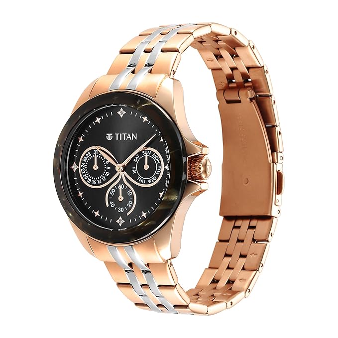 Titan Acetate Black Dial Analog with Day and Date Stainless Steel Strap Watch for Women 95186KM02
