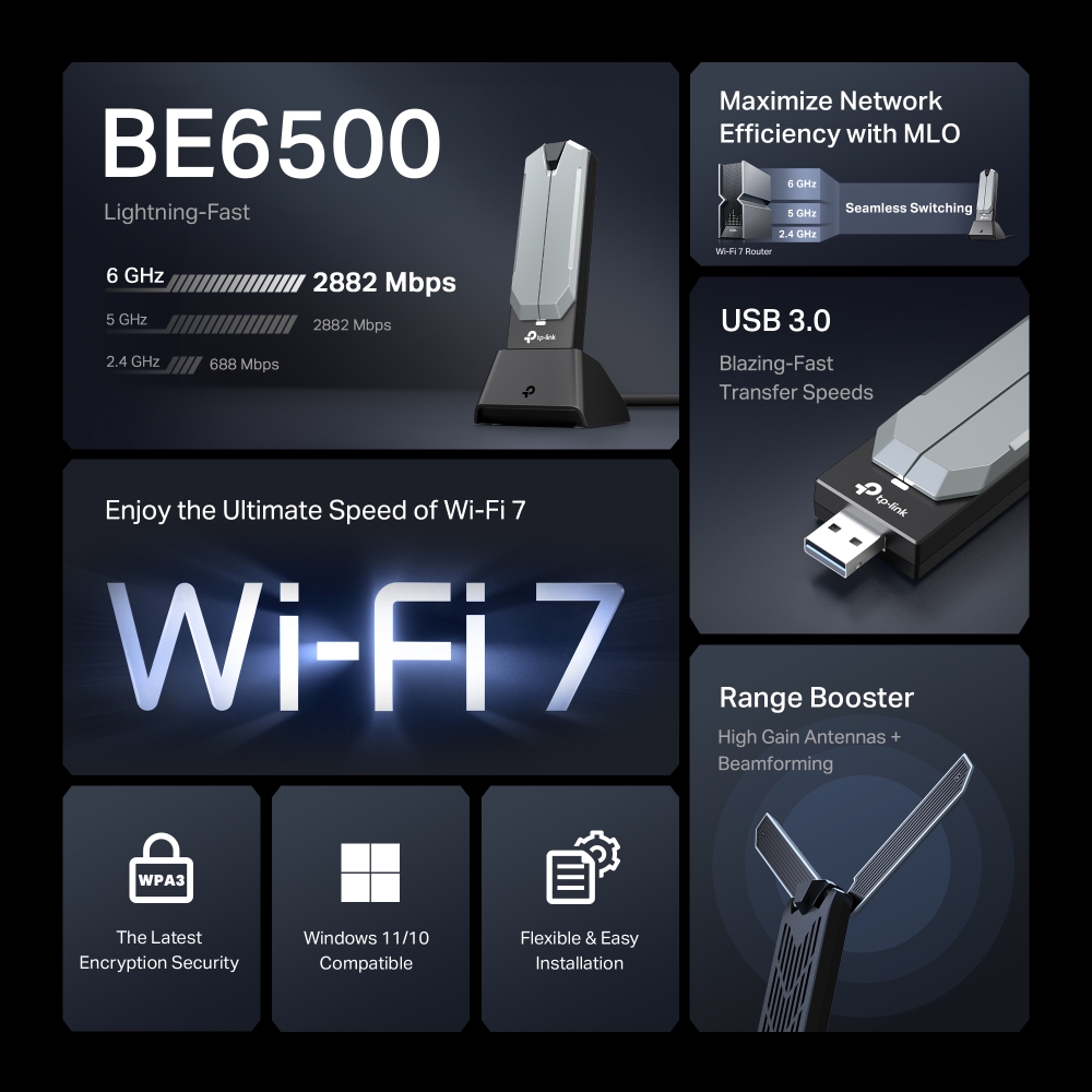 TP-Link Archer TBE400UH BE6500 High Gain Tri-Band Wi-Fi 7 USB Adapter
